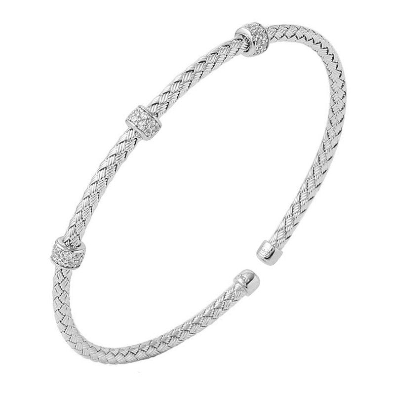 Charles Garnier CZ Rhodium Plated Silver 3mm Mesh Cuff Bangle