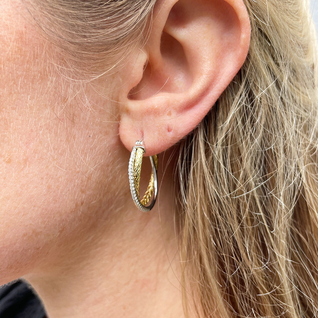 Charles Garnier CZ Gold Plated Silver Crossed Mesh 25mm Hoop Earrings