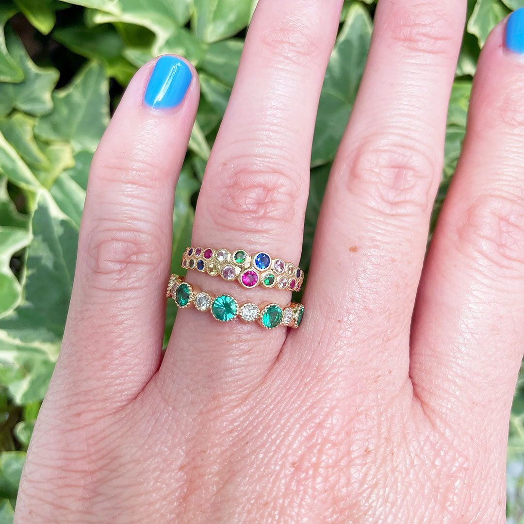 Emerald & Diamond Milgrain 14K Yellow Gold Halfway Band