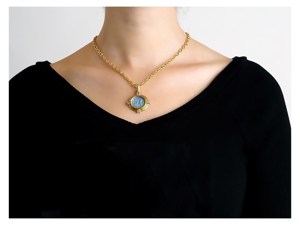 Elizabeth Locke Cerulean Venetian Glass Intaglio “Goddess on Boat” Pendant