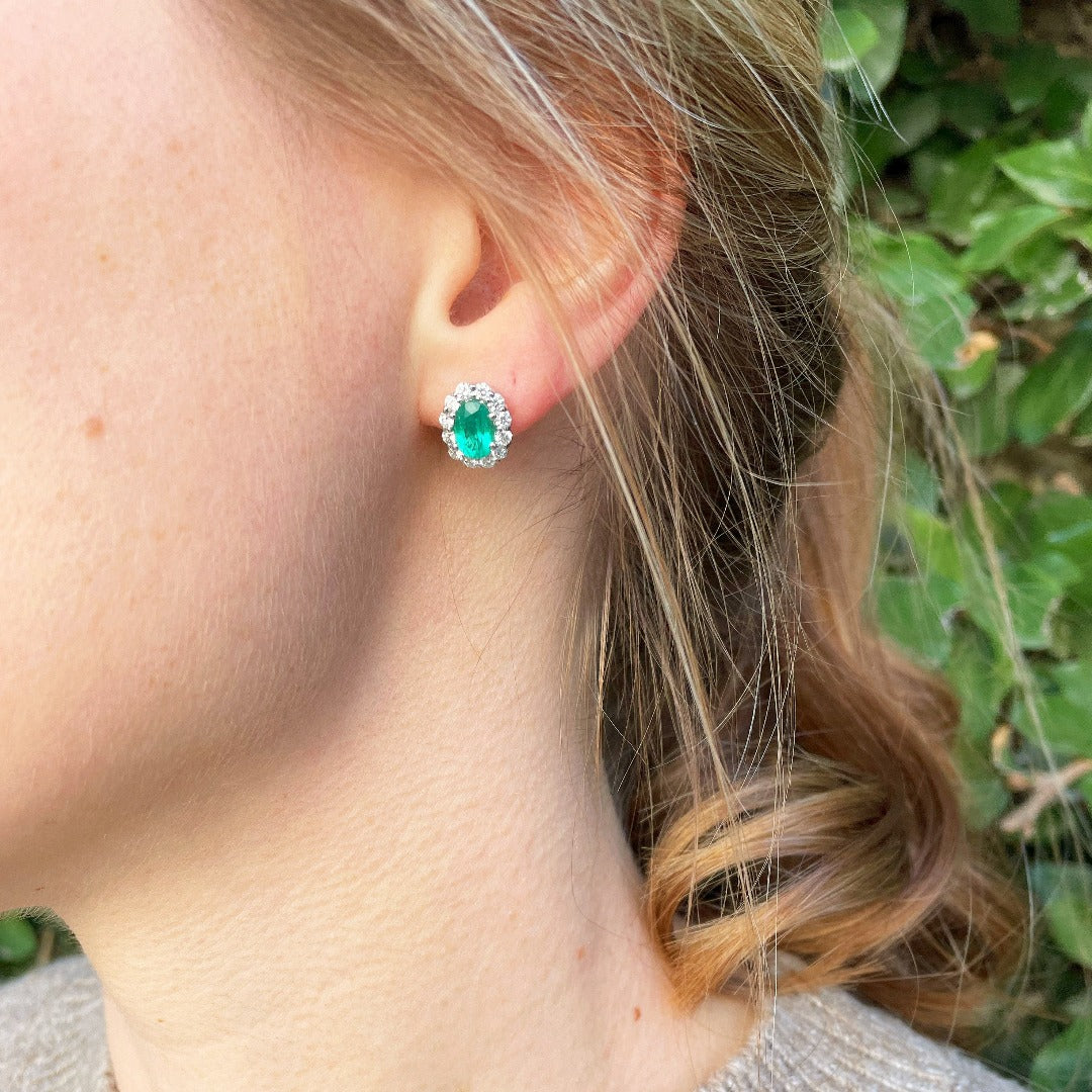 Oval Emerald & Diamond Cluster 18K Gold Stud Earrings