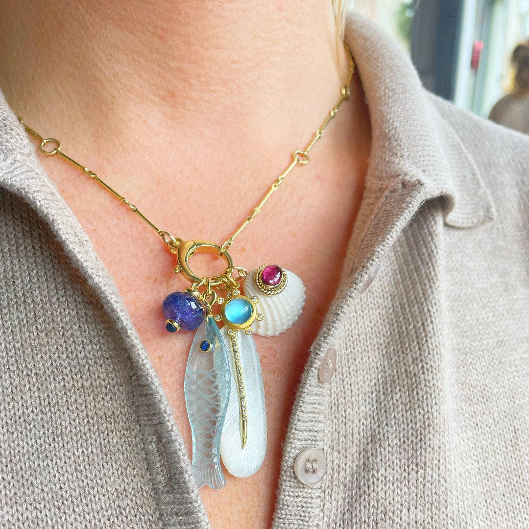 Mazza Aquamarine & Sapphire 14K Gold Fish Pendant Large