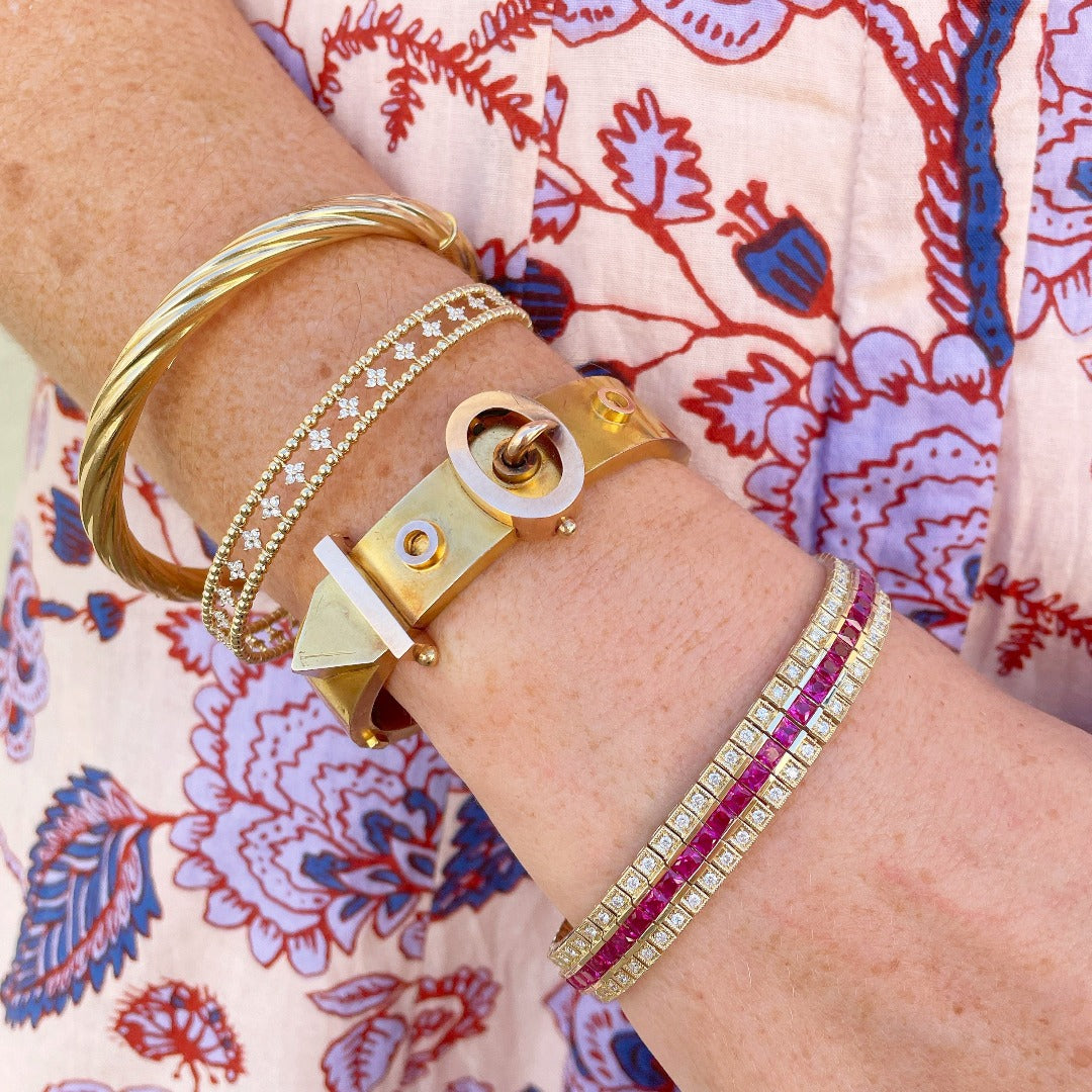 Diamond 14K Yellow Gold Beaded Cuff Bangle