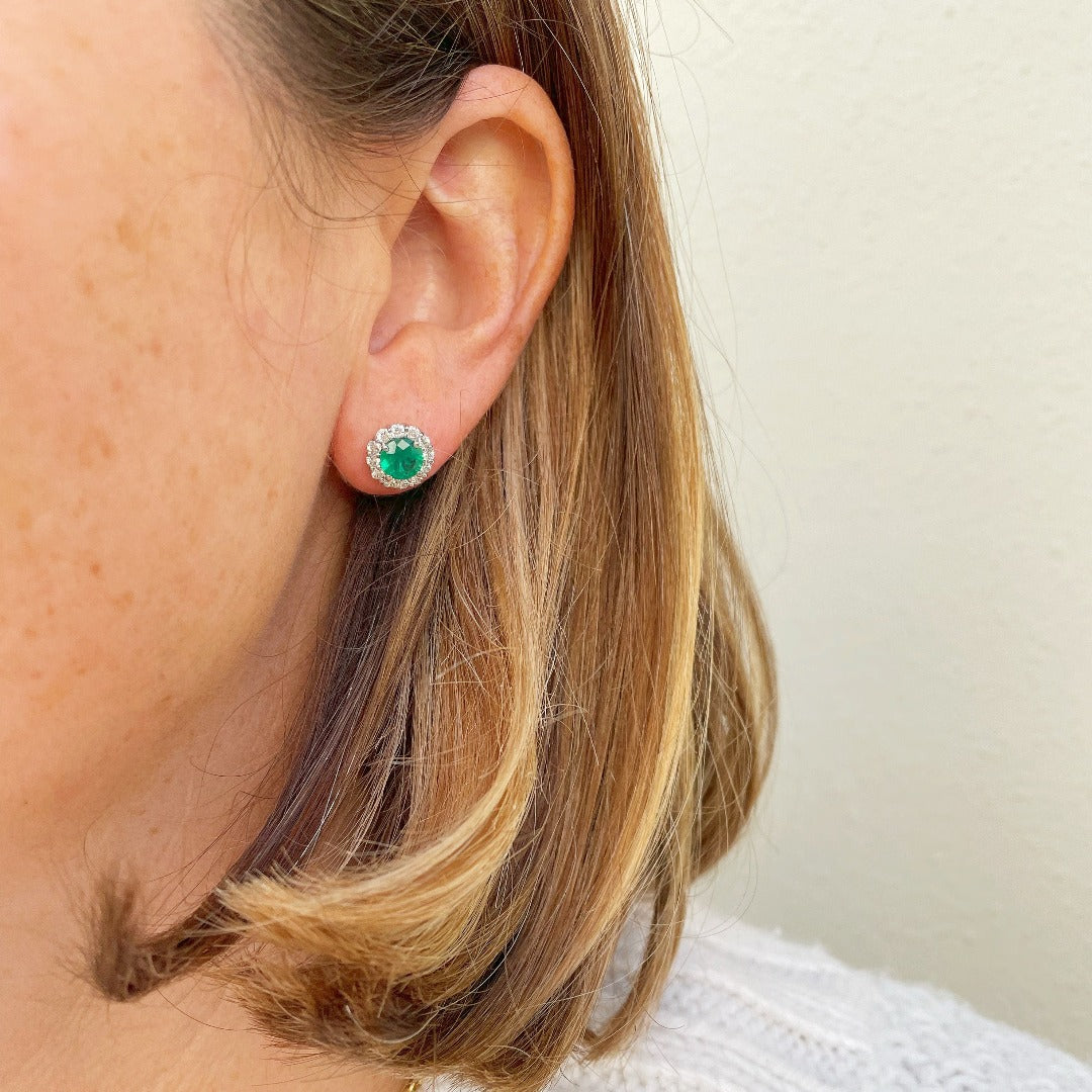 Emerald & Diamond Halo 18K White Gold Stud Earrings