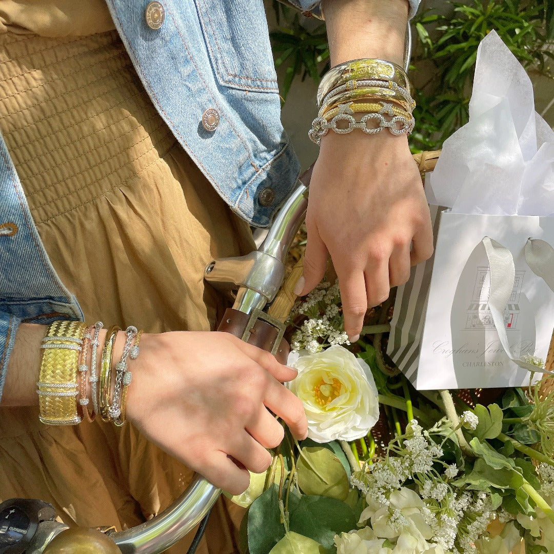 CZ Gold Plated Silver 2mm Mesh Cuff Bangle