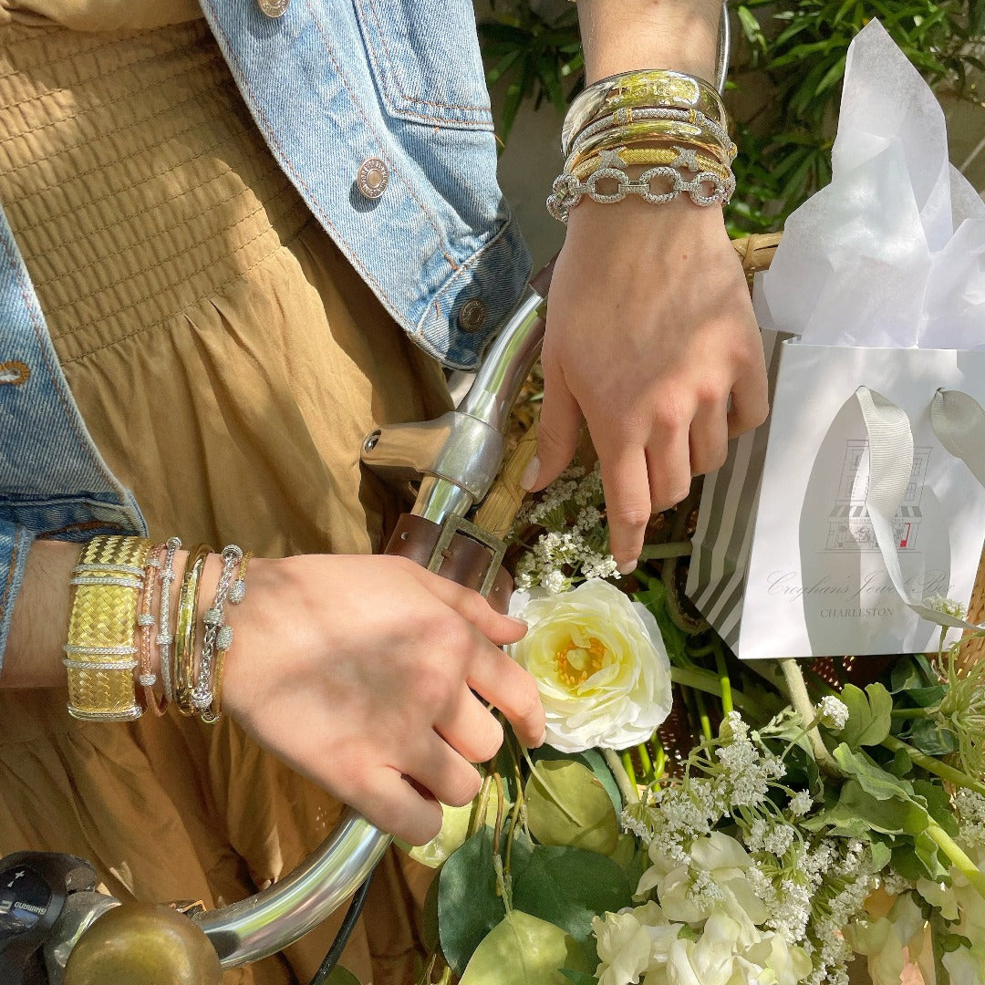 CZ Gold Plated Silver 6mm Mesh Cuff Bangle