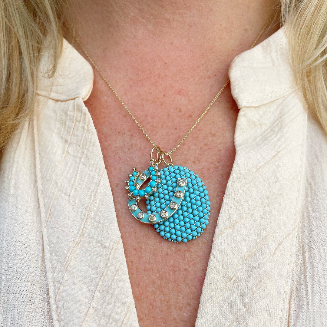 Turquoise & Diamond 14K Yellow Gold Horseshoe Pendant
