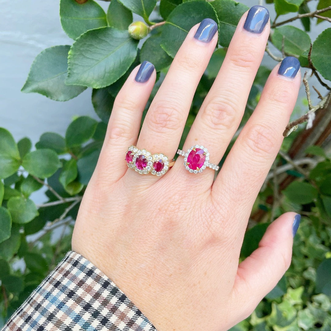 Three-Stone Oval Ruby & Diamond Halo 14K Yellow Gold Ring