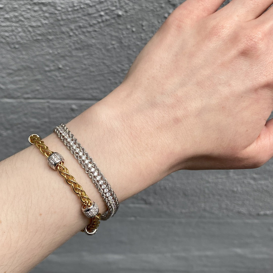 CZ Rhodium Plated Silver Wheat Chain Bracelet