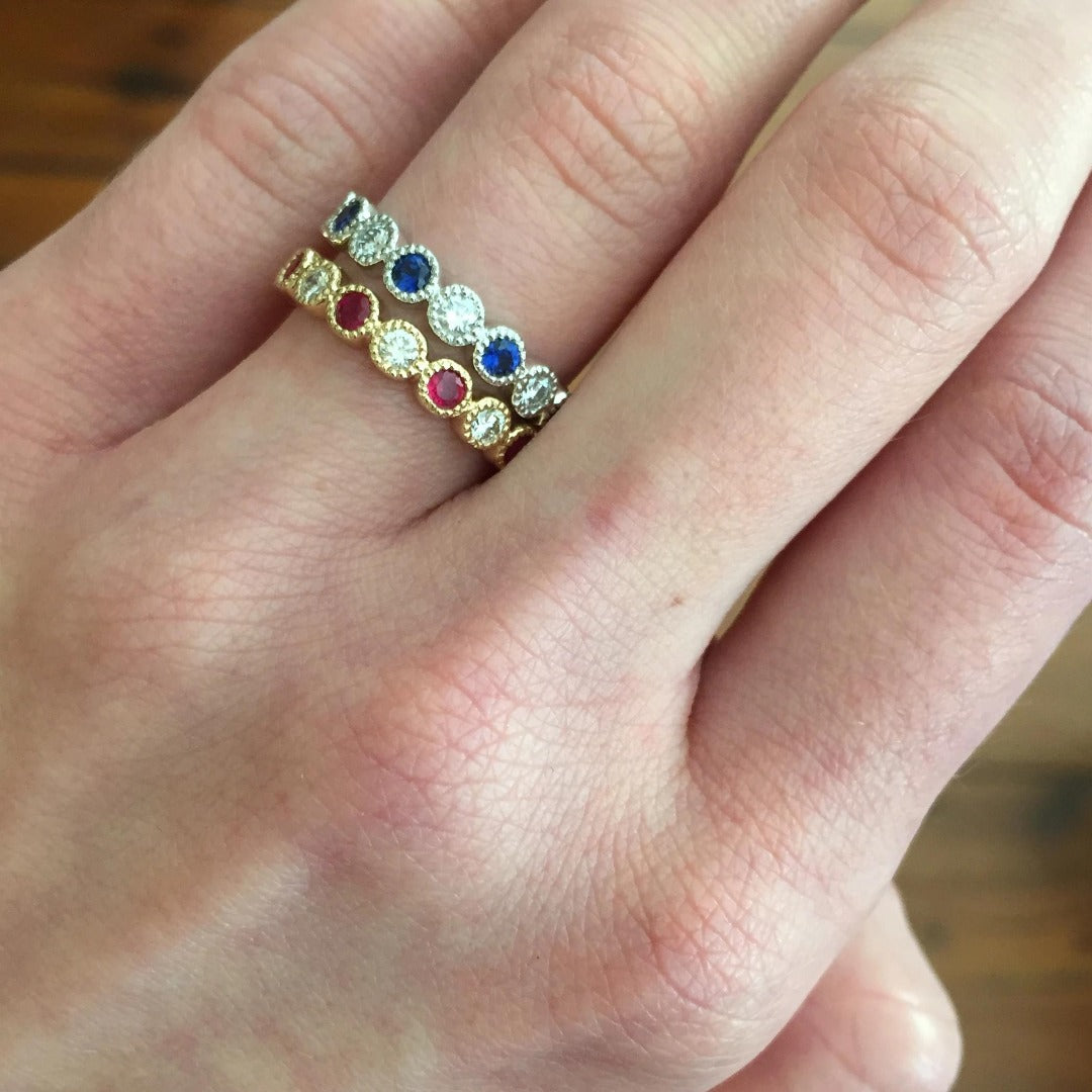 Sapphire & Diamond Bezel Milgrain Halfway 14K White Gold Band