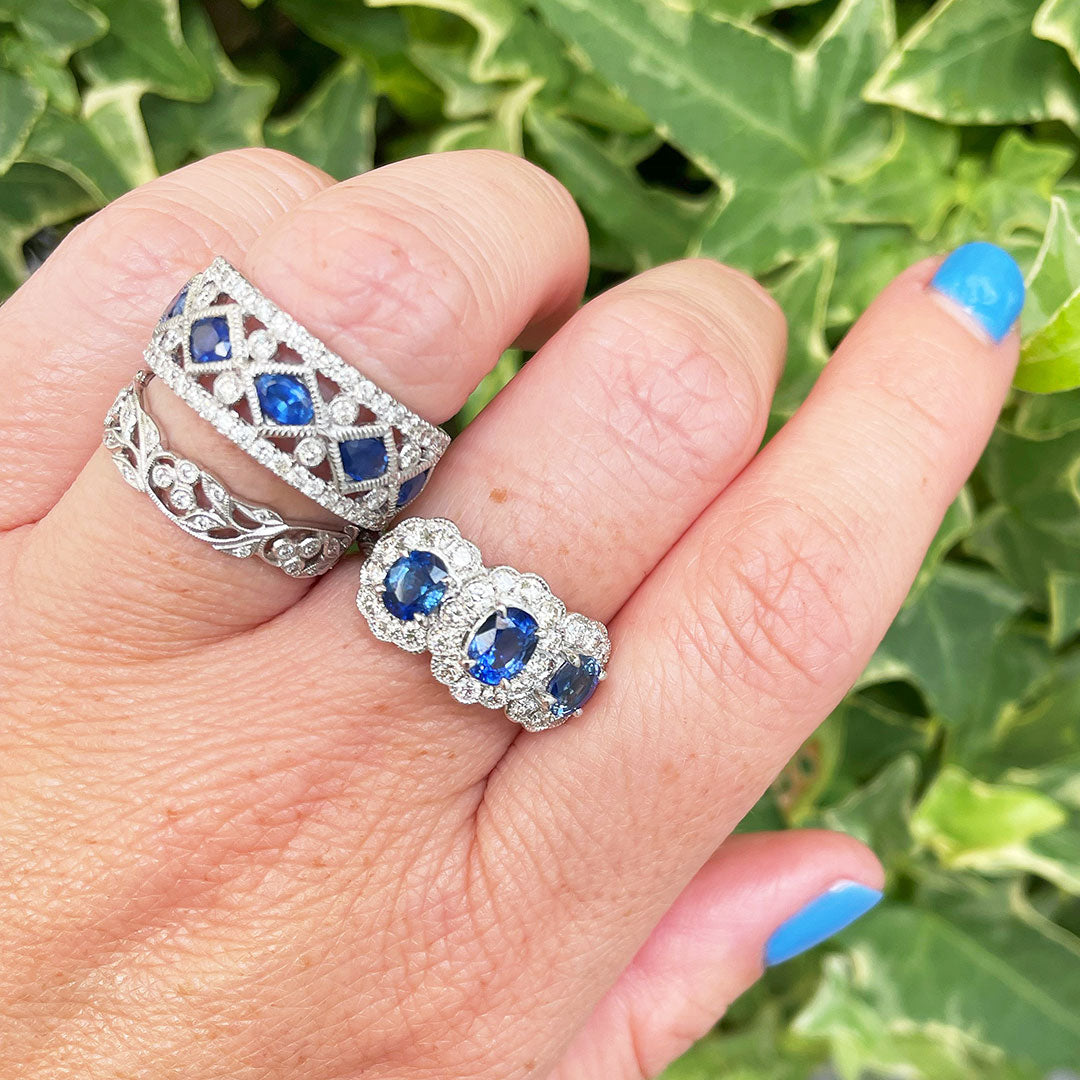 3-Across Oval Sapphire & Diamond Halo 14K White Gold Ring