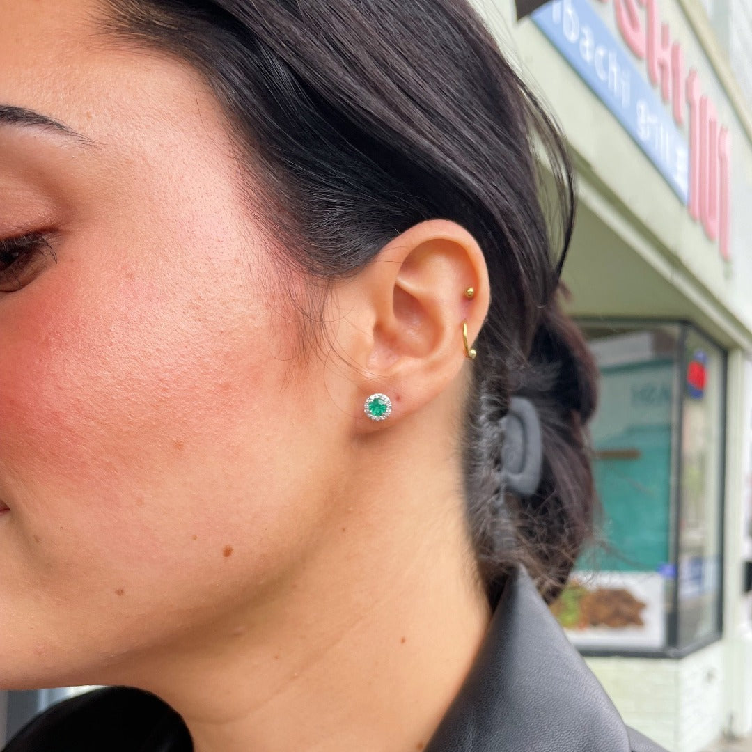 Emerald & Diamond Halo 18K White Gold Stud Earrings