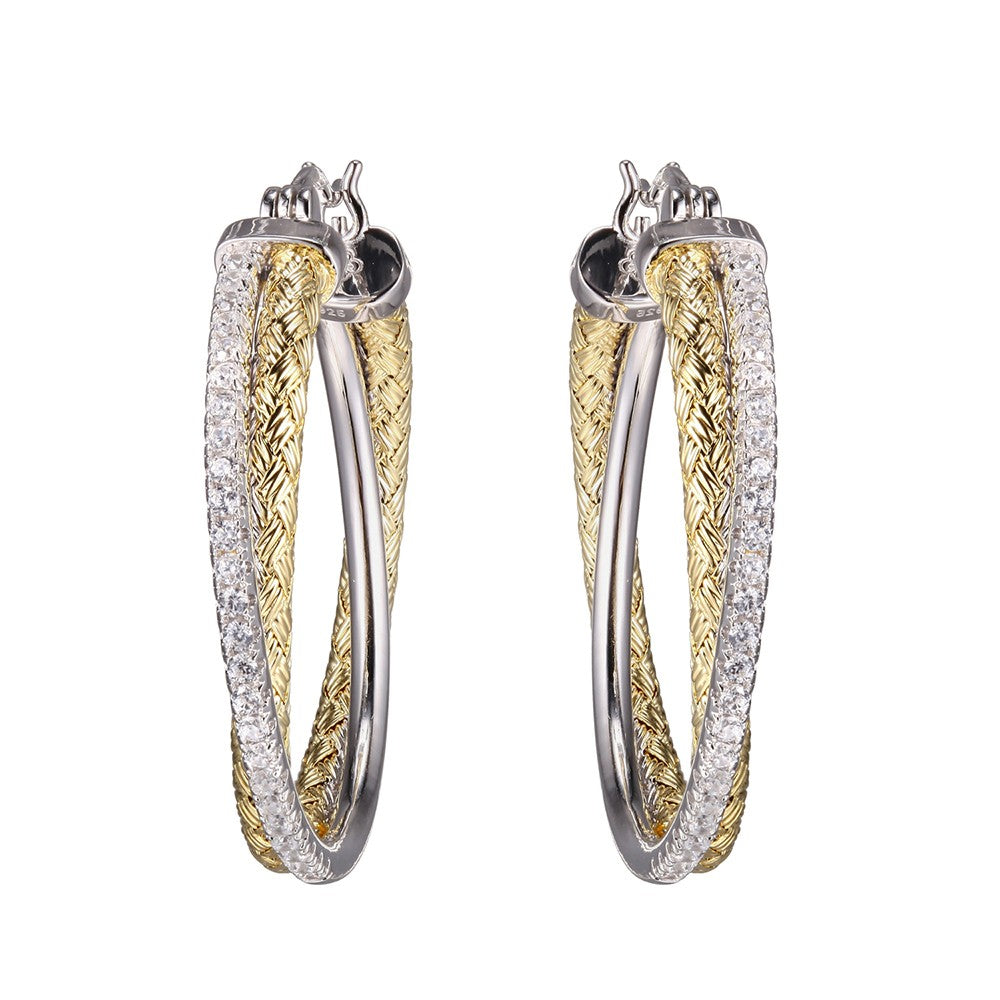 CZ Gold Plated Silver Crossed Mesh 35mm Hoop Earrings