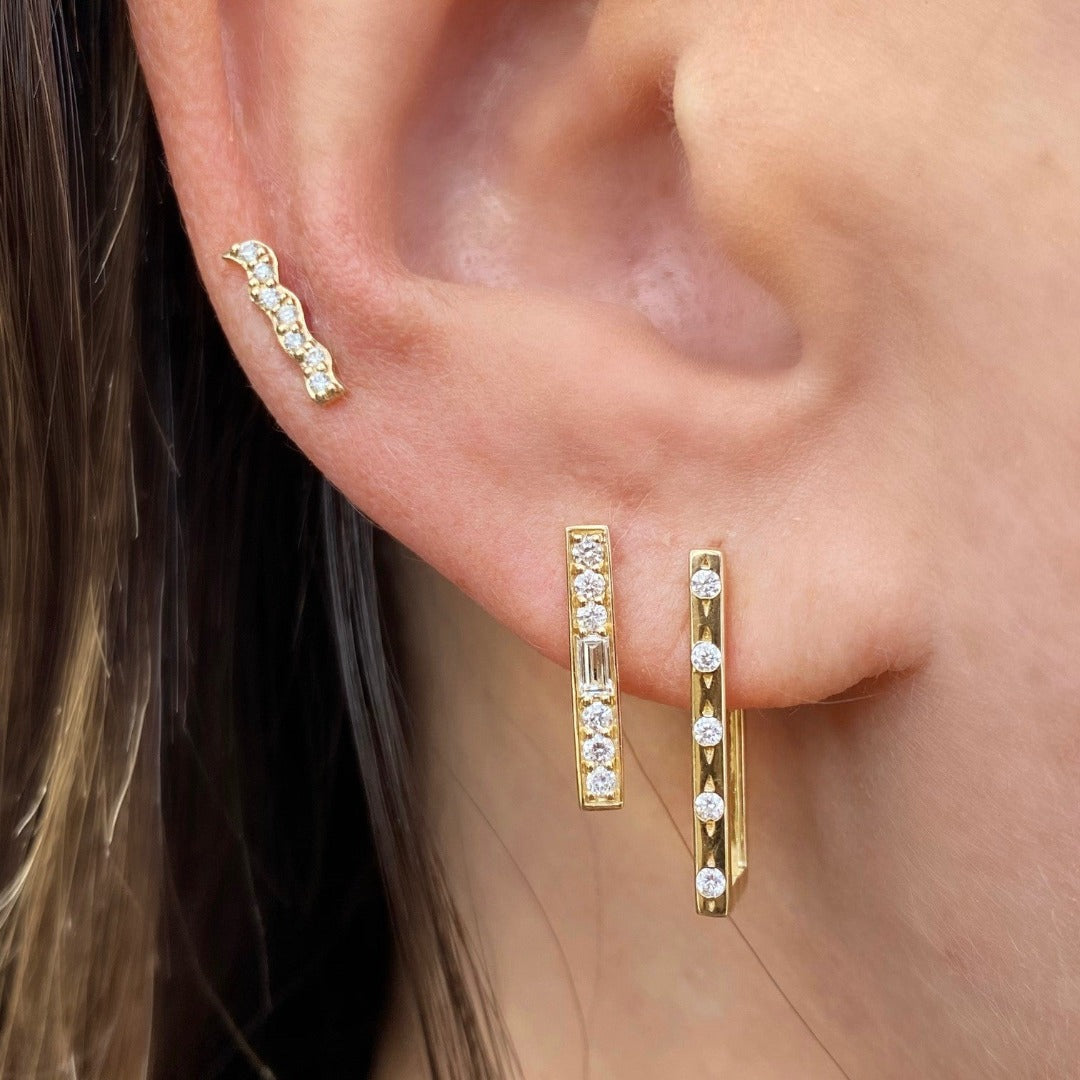 Diamond Flush Set 14K Gold Rectangular Hoop Earrings