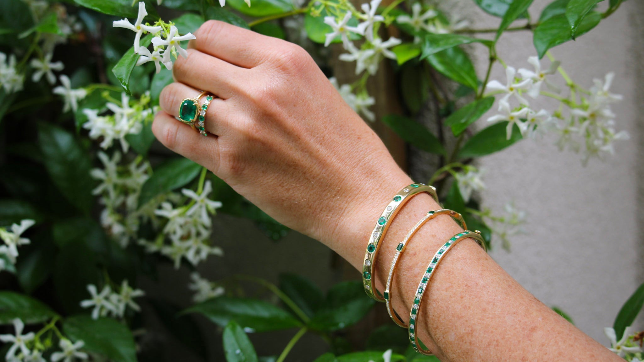 may birthstone emeralds styled with spring jasmine blooms