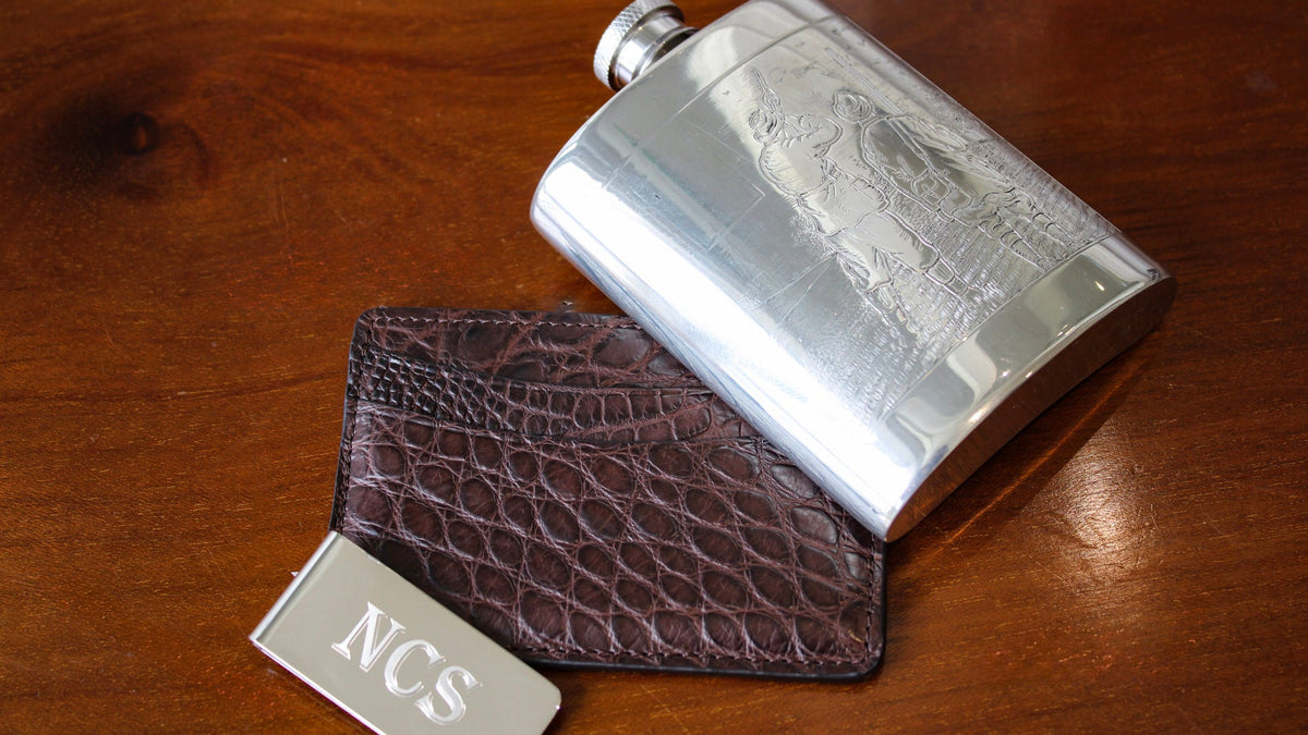Gifts for him, pewter flask, alligator wallet, sterling silver money clip with machine engraved initials