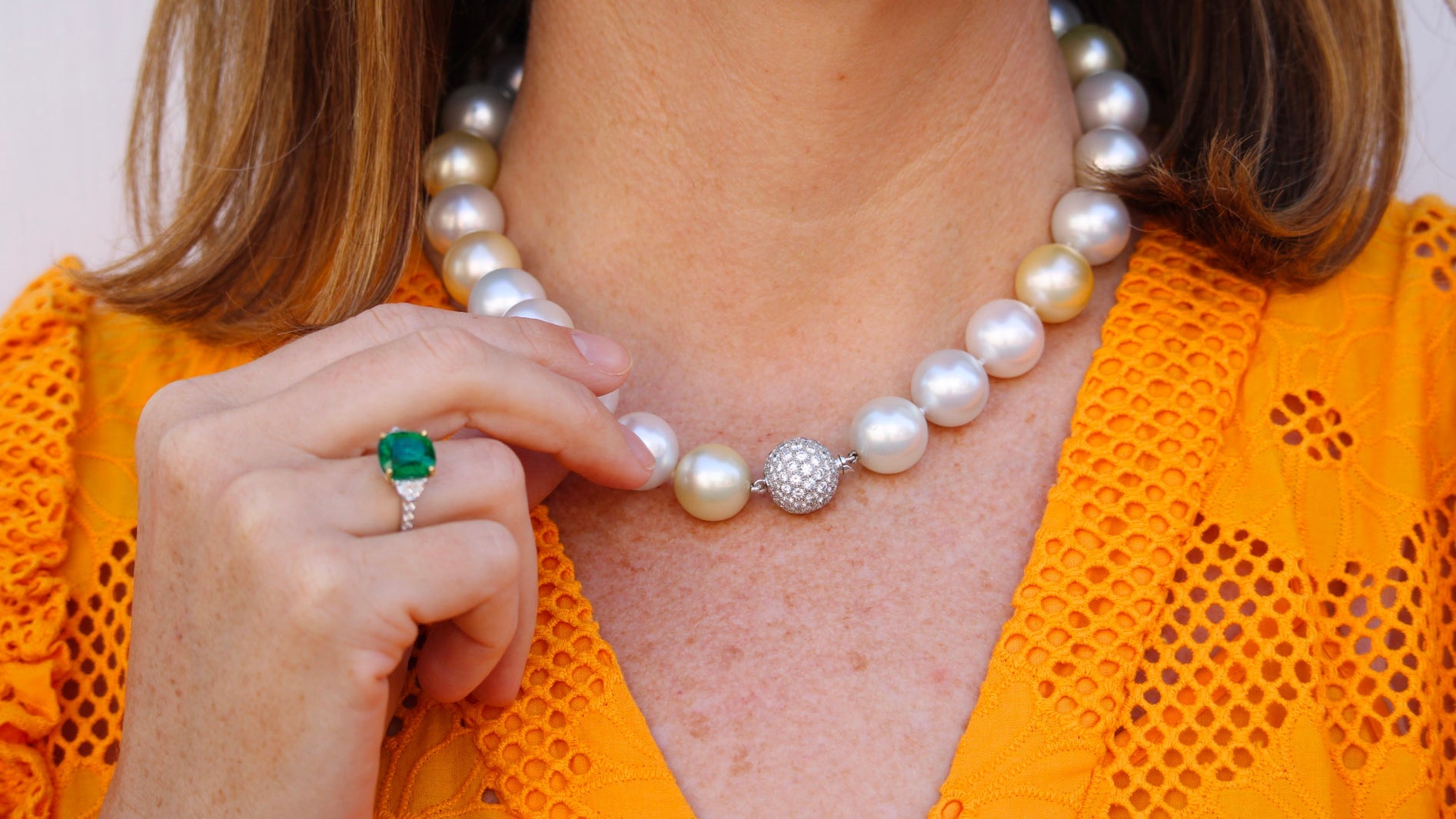 Sale collection featured pieces south sea pearl diamond clasp necklace emerald and diamond ring