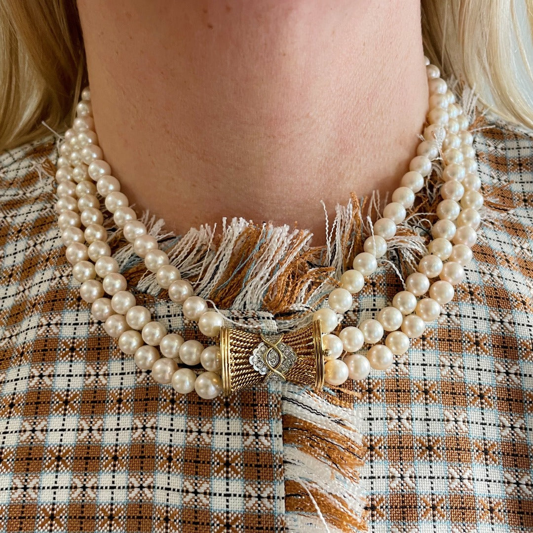 Estate 3 Strand Cultured Pearl & Diamond 14K Gold Clasp Necklace