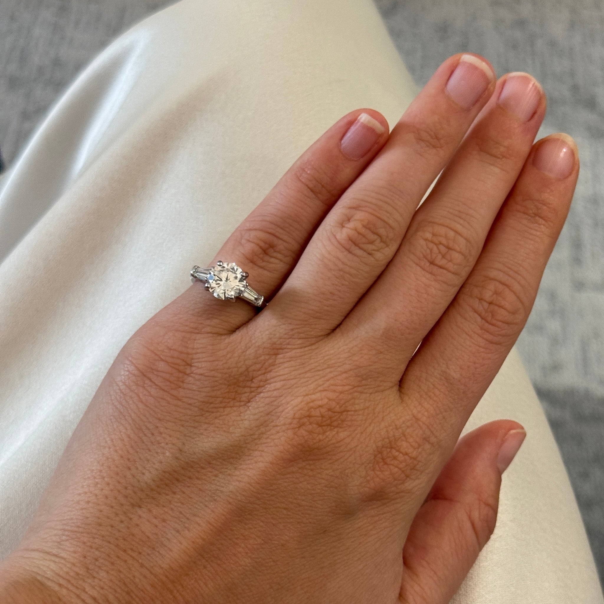 2ct Center Round & .43ctw Side Baguette Diamond Three-Stone Platinum Ring