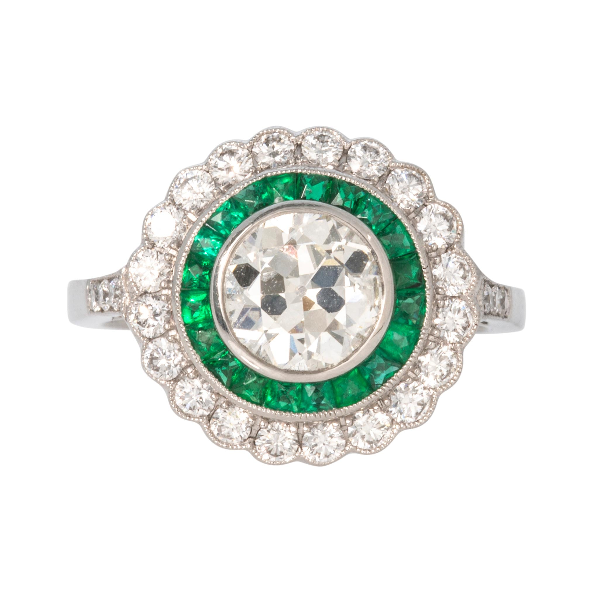 Art Deco Style 1.35ct Diamond Center & Emerald Halo Platinum Ring