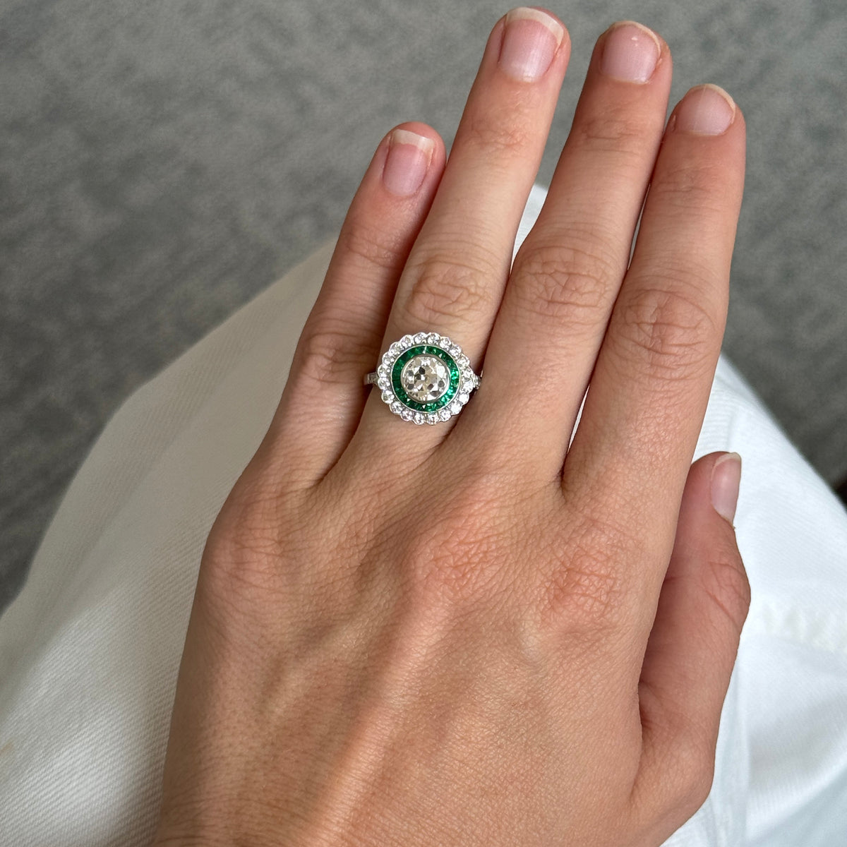 Art Deco Style 1.35ct Diamond Center & Emerald Halo Platinum Ring
