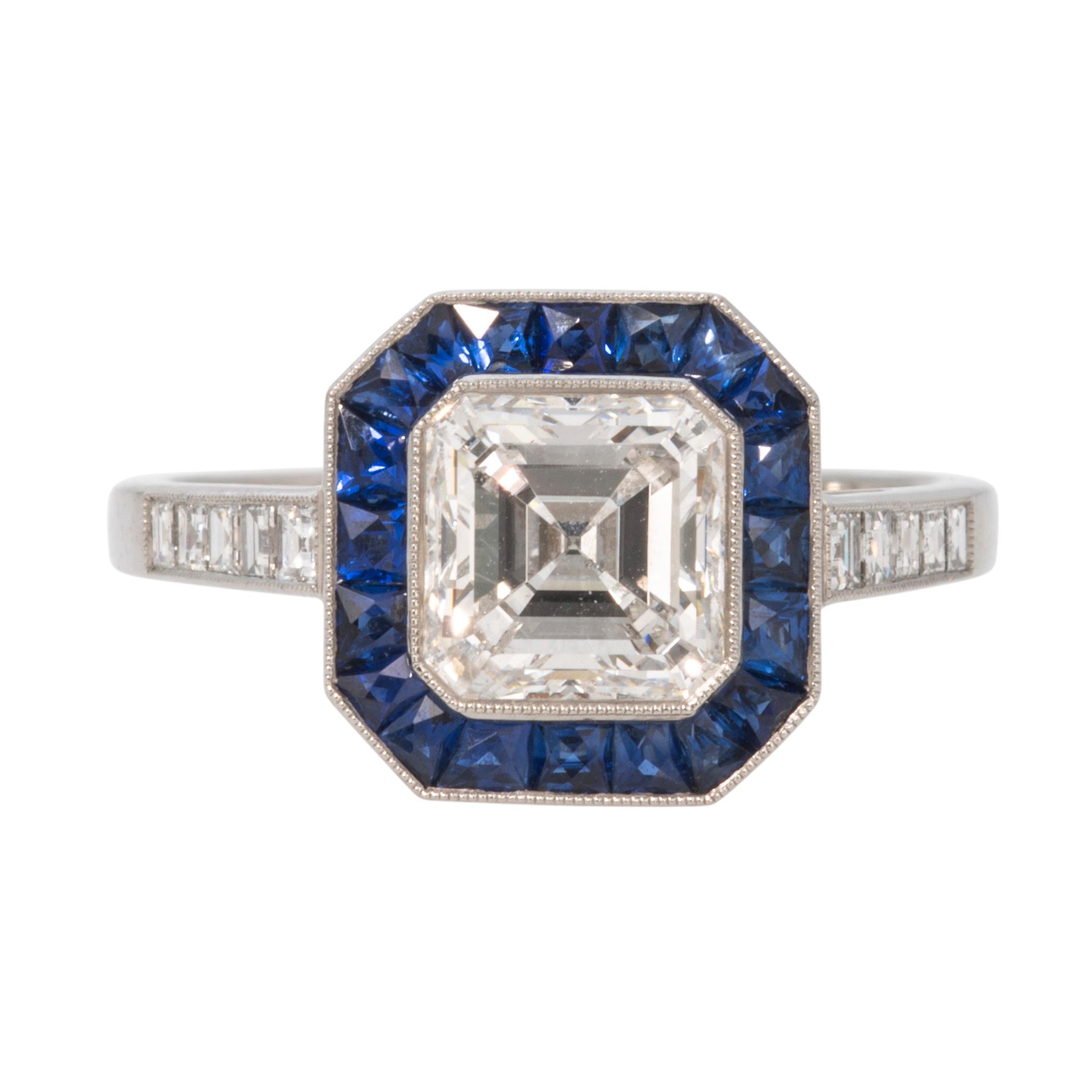 Art Deco Style 1.70ct Asscher Diamond & Sapphire Platinum Ring