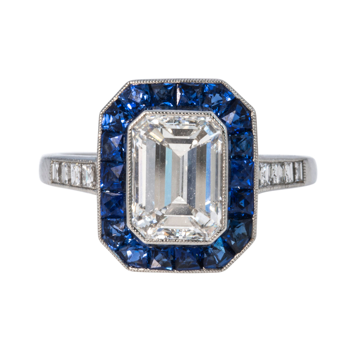 Art Deco Style 2ct Diamond & Sapphire Halo Platinum Ring