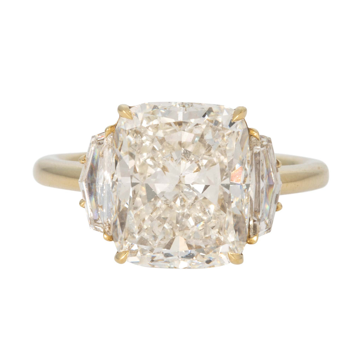 5ct Cushion Center & Cadillac Side Diamond Three-Stone 18K Gold Ring