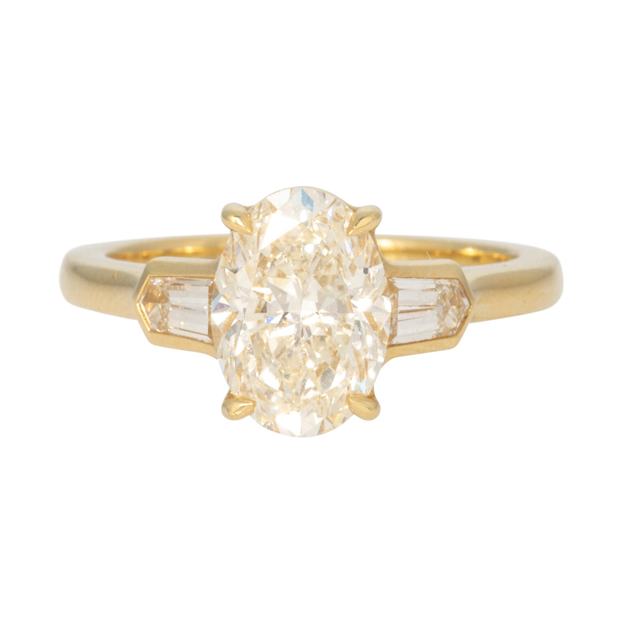 2ctw Oval Center & Cadillac Side Diamond Three-Stone 18K Gold Ring