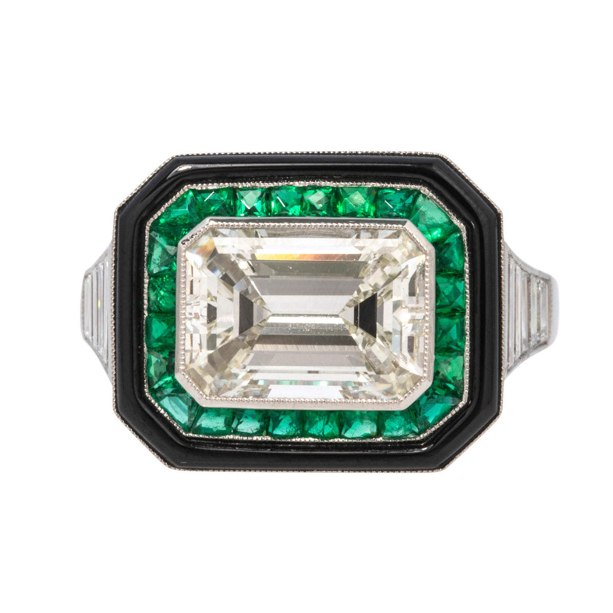 Art Deco Style 2.75ct Diamond Center, Emerald & Onyx Halo Platinum Ring