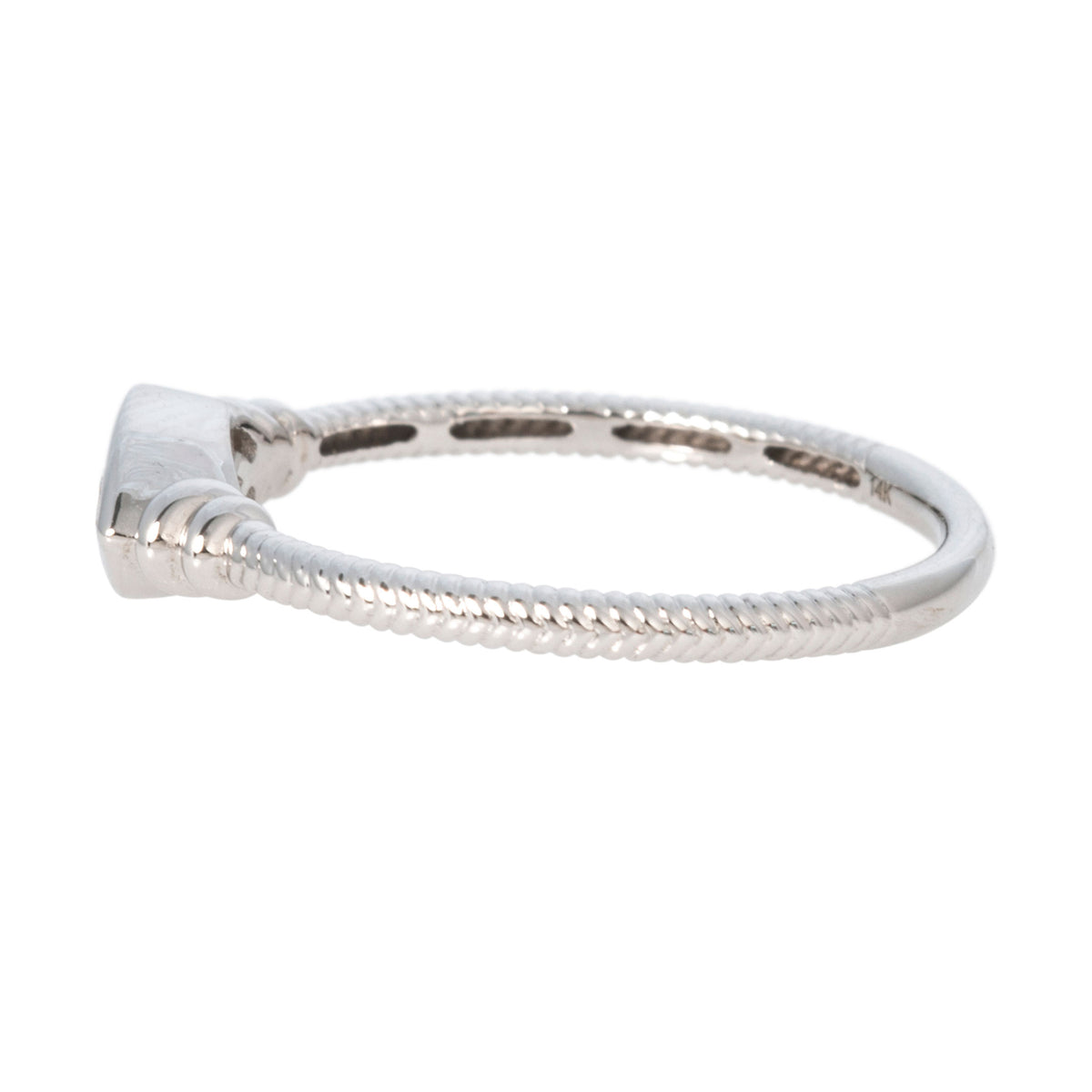 Side view of marquise diamond solitaire ring showing the bezel setting and ribbed 14K white gold band.