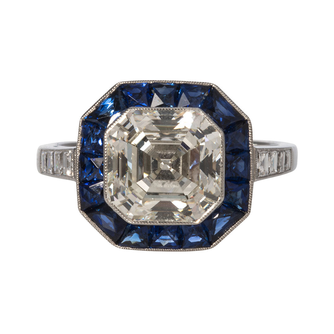 Art Deco Style Diamond & Sapphire Platinum Engagement Ring