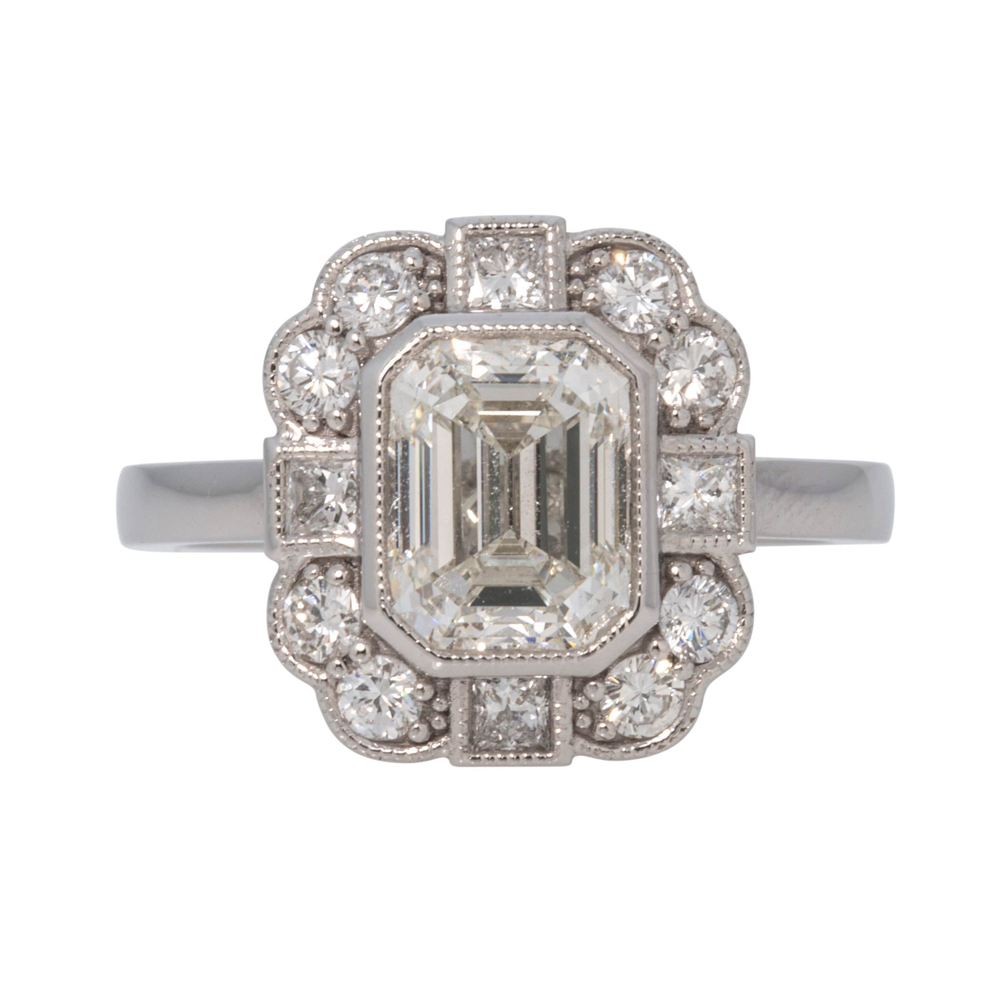 Art Deco Style 1.91ct Emerald-Cut Center & Mixed Diamond Platinum Cluster Ring