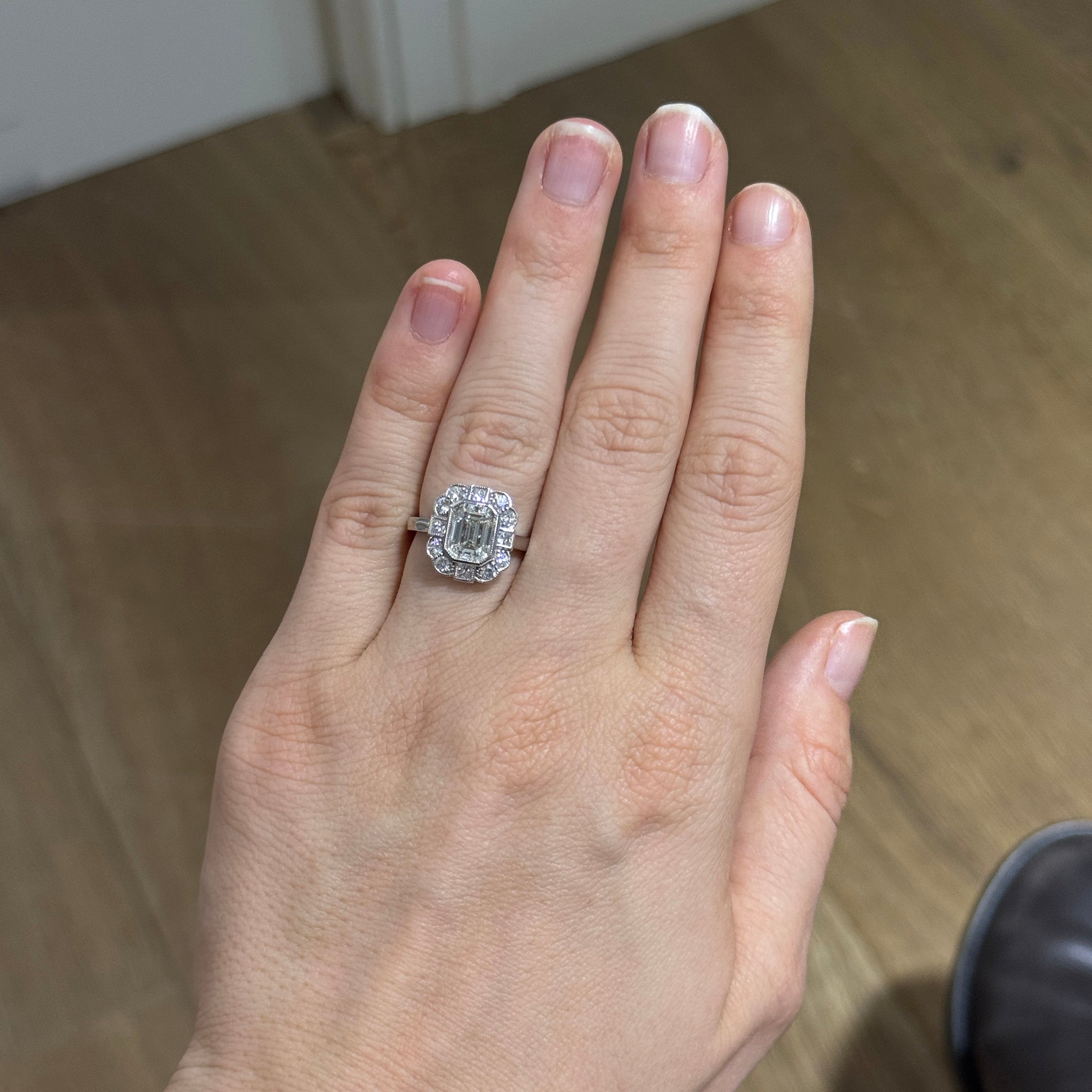 Art Deco Style 1.91ct Emerald-Cut Center & Mixed Diamond Platinum Cluster Ring