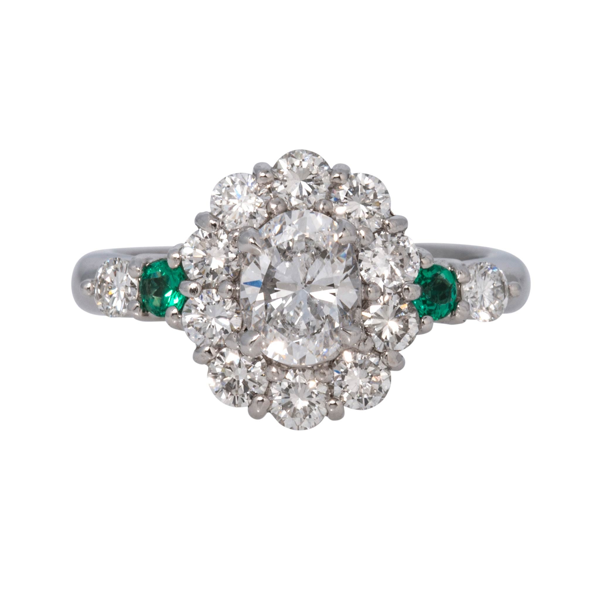 Estate Oval Diamond Cluster & Emerald Platinum Ring