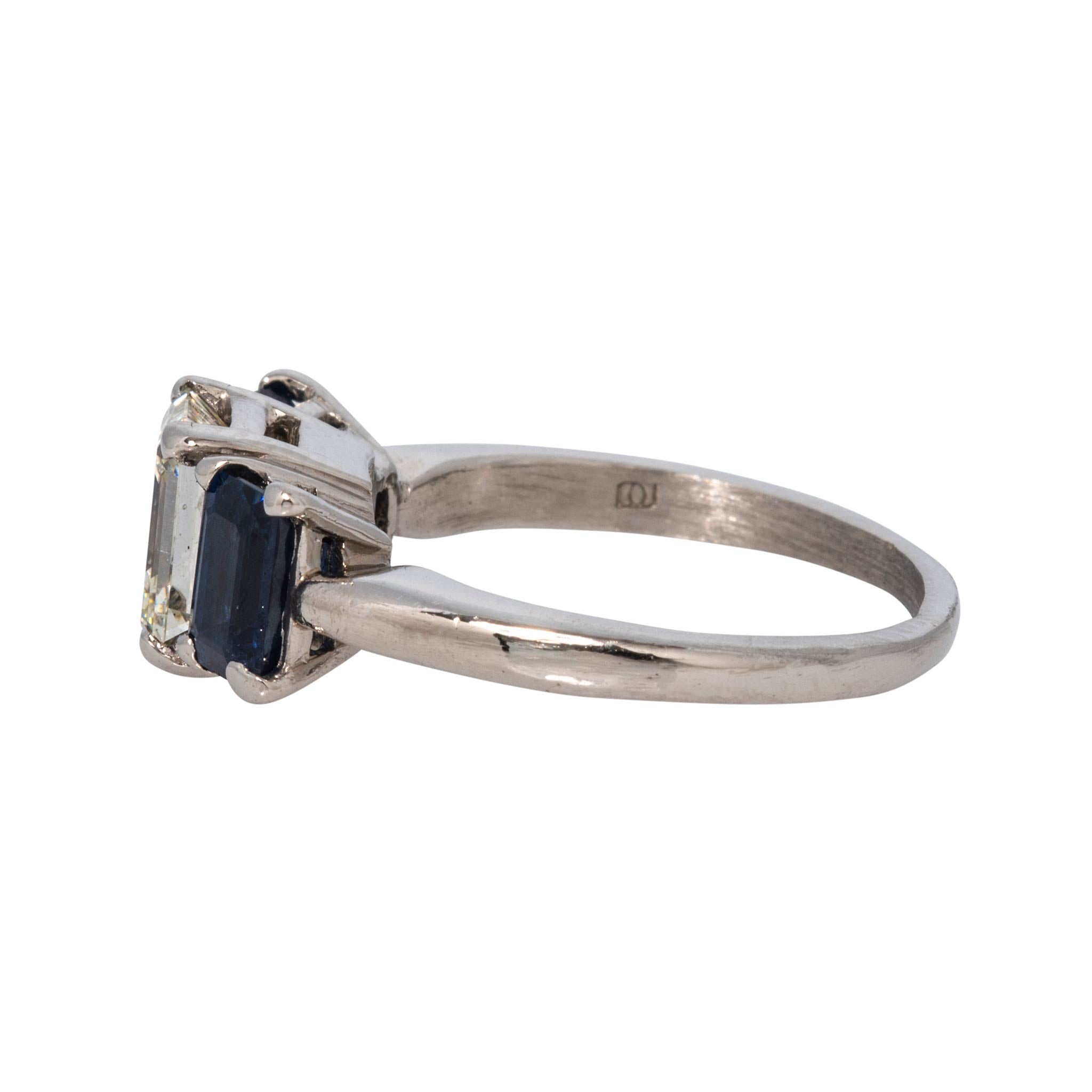 Estate Emerald-Cut Diamond & Sapphire Three-Stone Platinum Ring