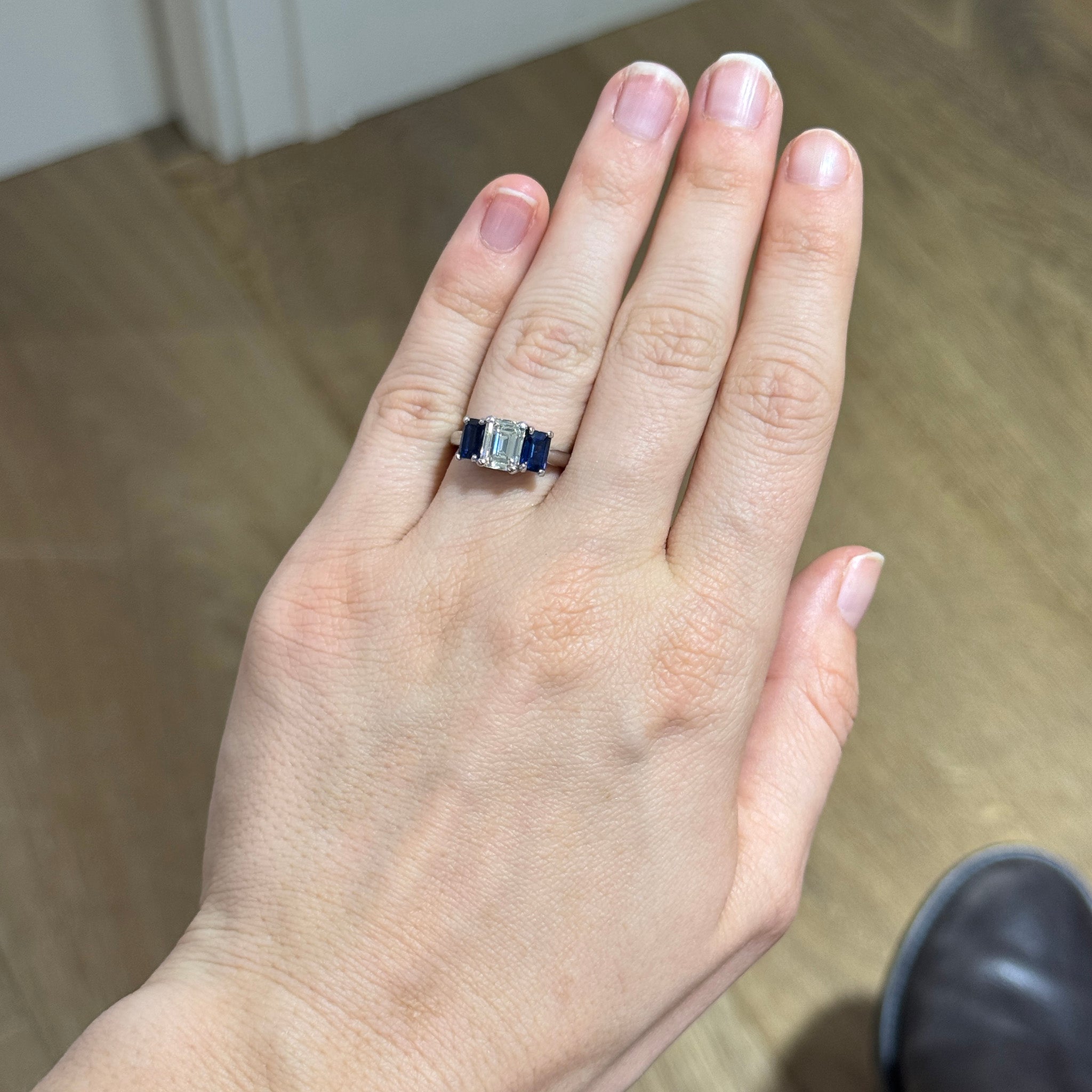 Estate Emerald-Cut Diamond & Sapphire Three-Stone Platinum Ring