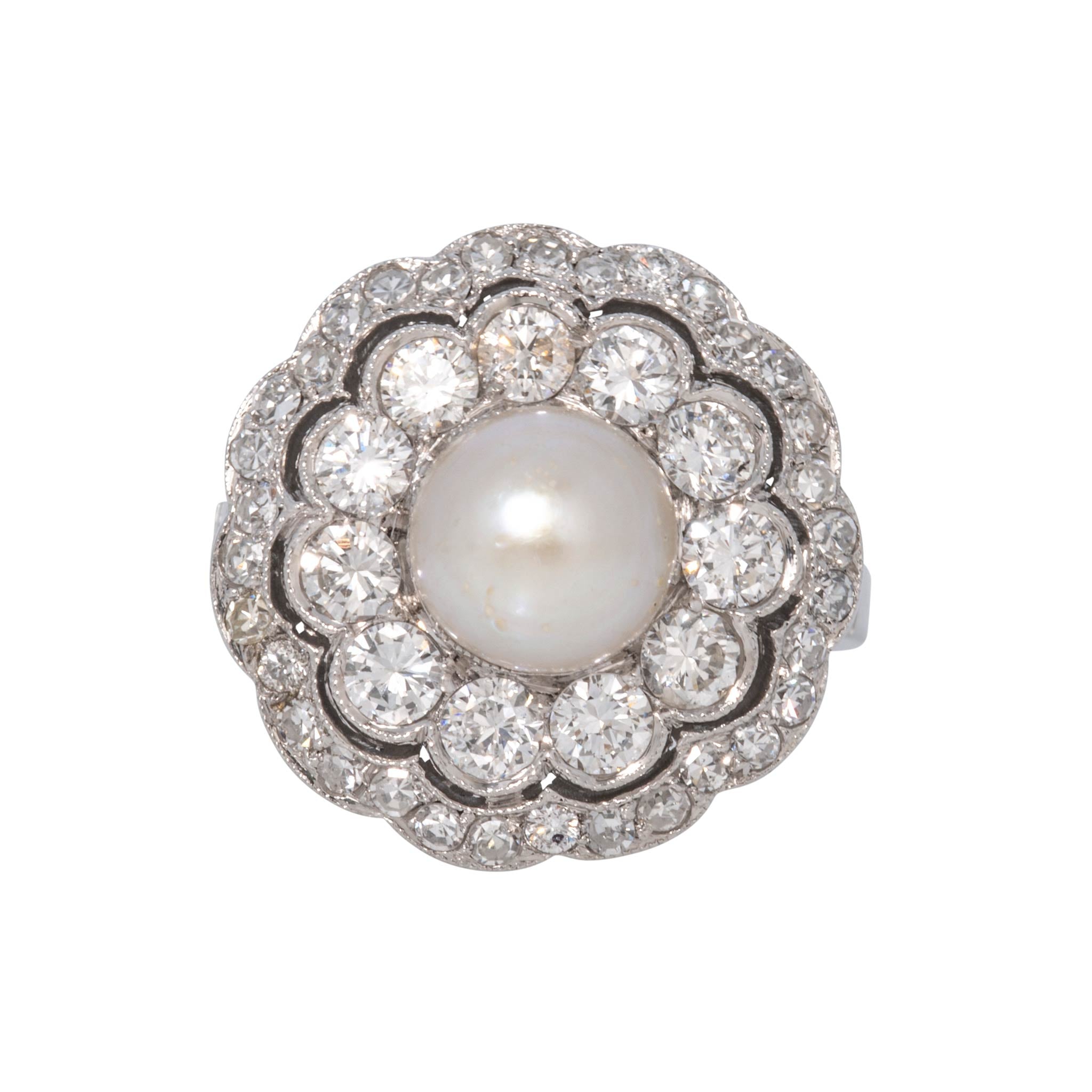 Art Deco Style Pearl & Diamond Cluster Platinum Ring