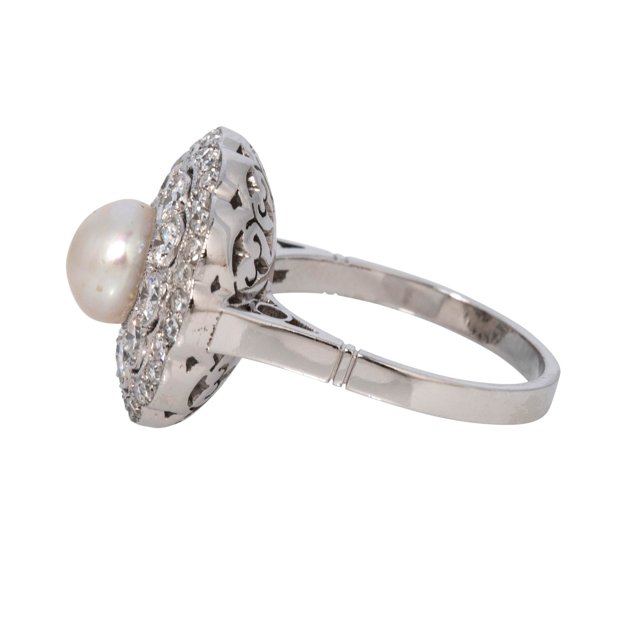 Art Deco Style Pearl & Diamond Cluster Platinum Ring