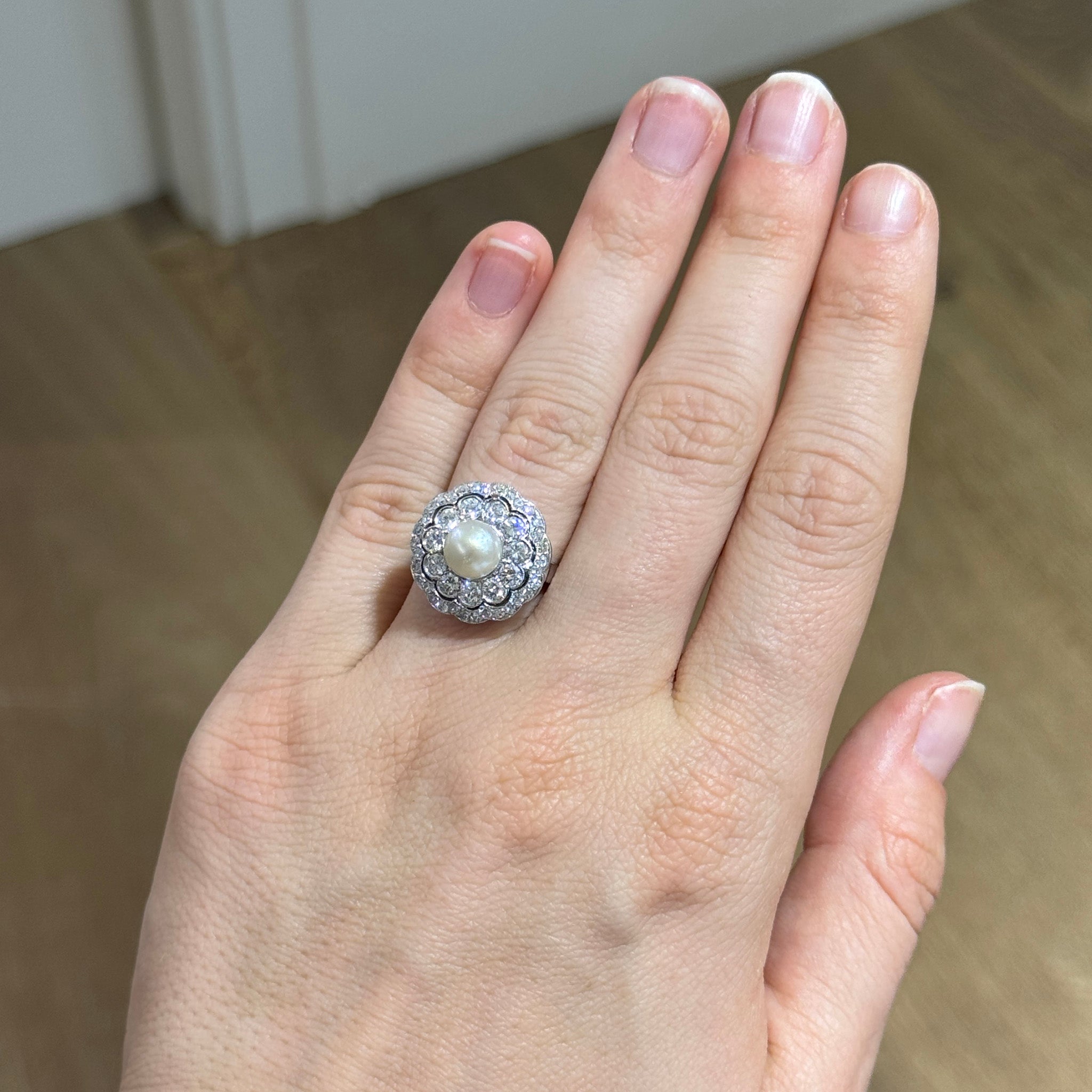 Art Deco Style Pearl & Diamond Cluster Platinum Ring