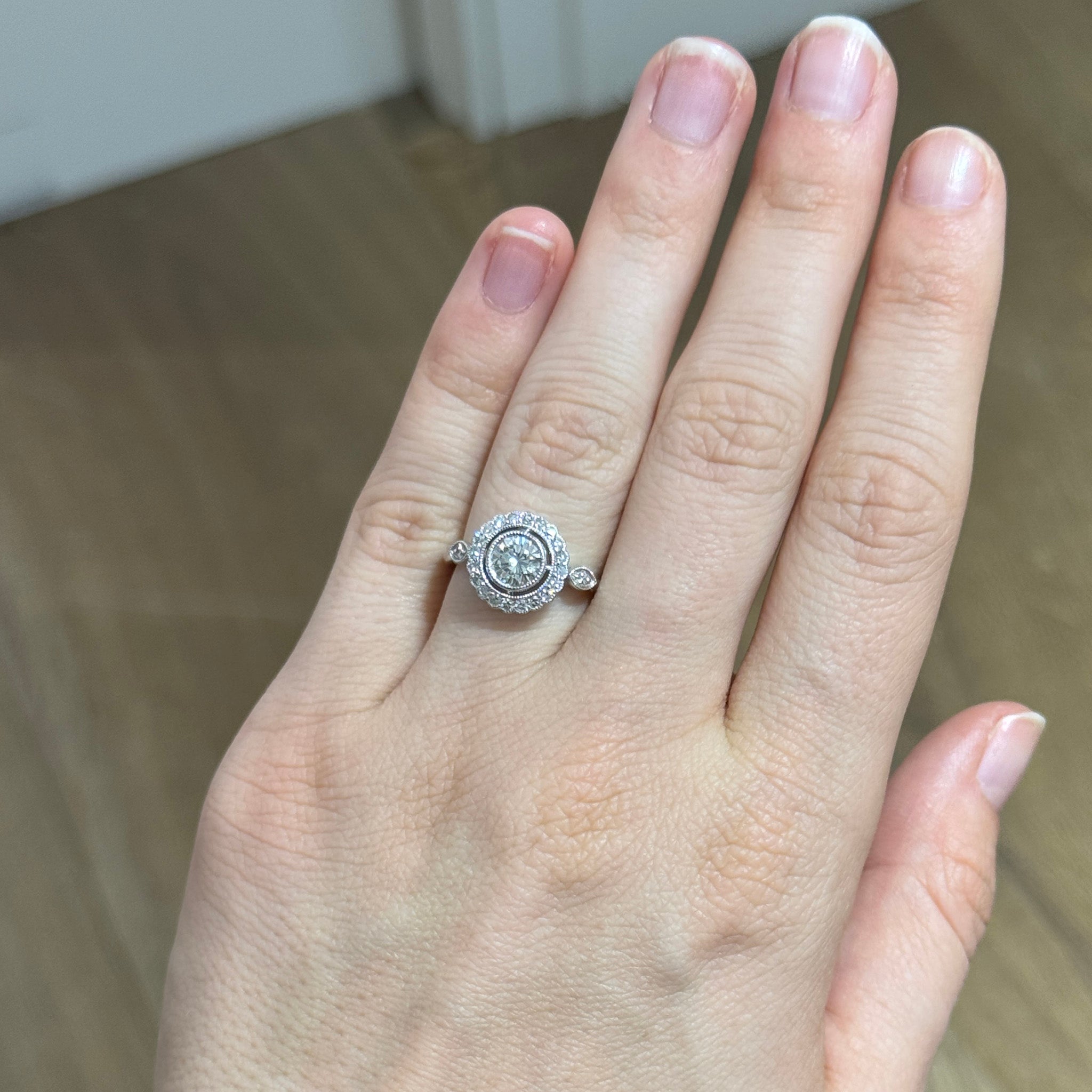 Art Deco Style Round Brilliant Diamond Halo Platinum Ring