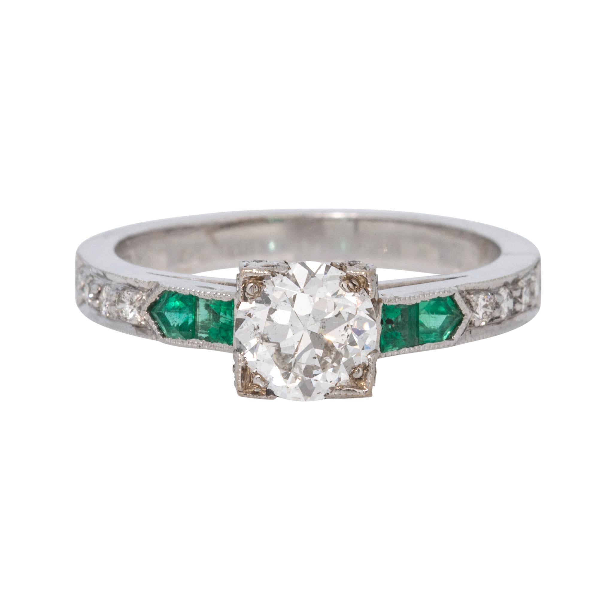 Estate Diamond & Emerald 18K White Gold Ring