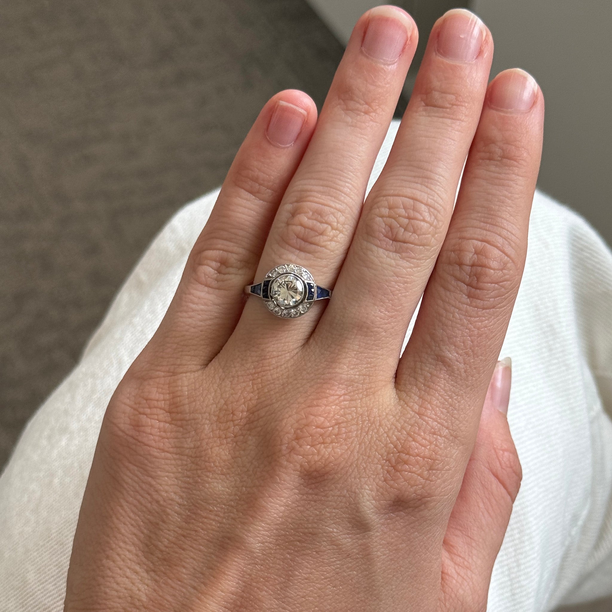 Art Deco Style Diamond & Sapphire Halo Platinum Ring