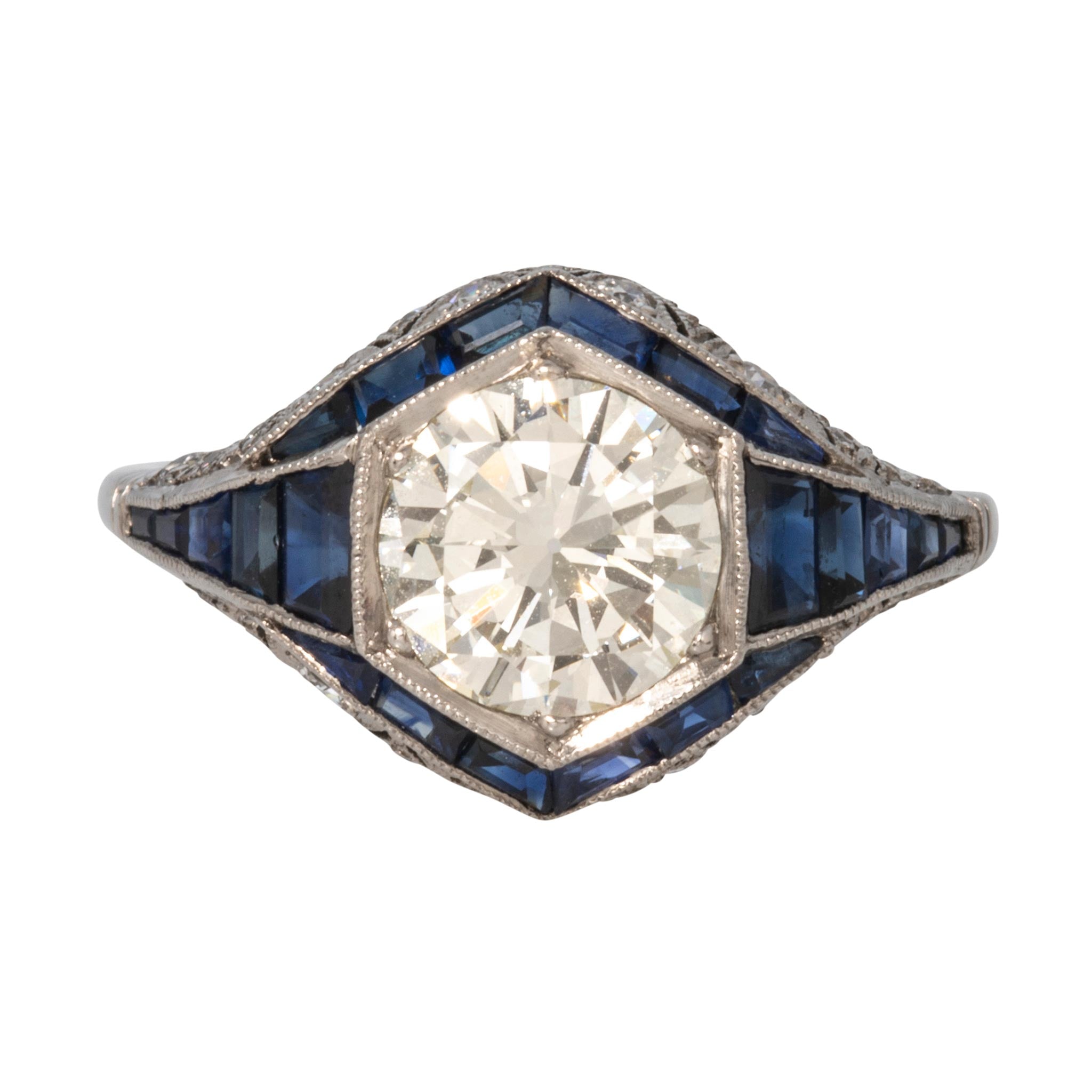 Art Deco Style 1.48ct Diamond Center & Sapphire Platinum Ring