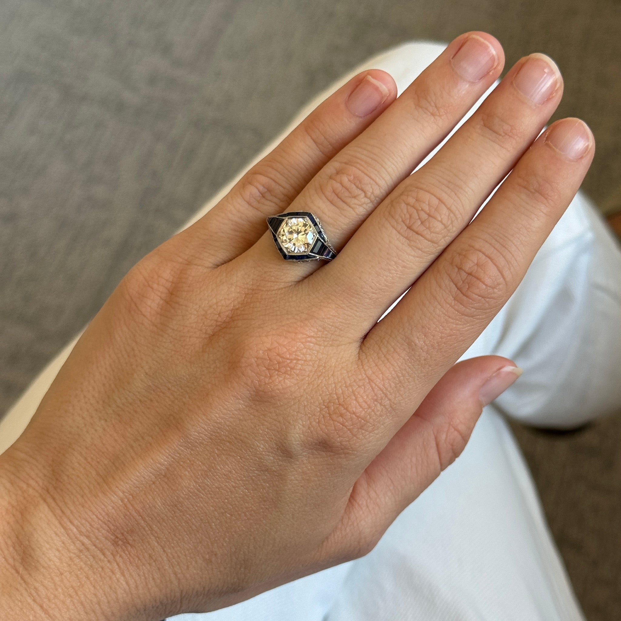 Art Deco Style 1.48ct Diamond Center & Sapphire Platinum Ring