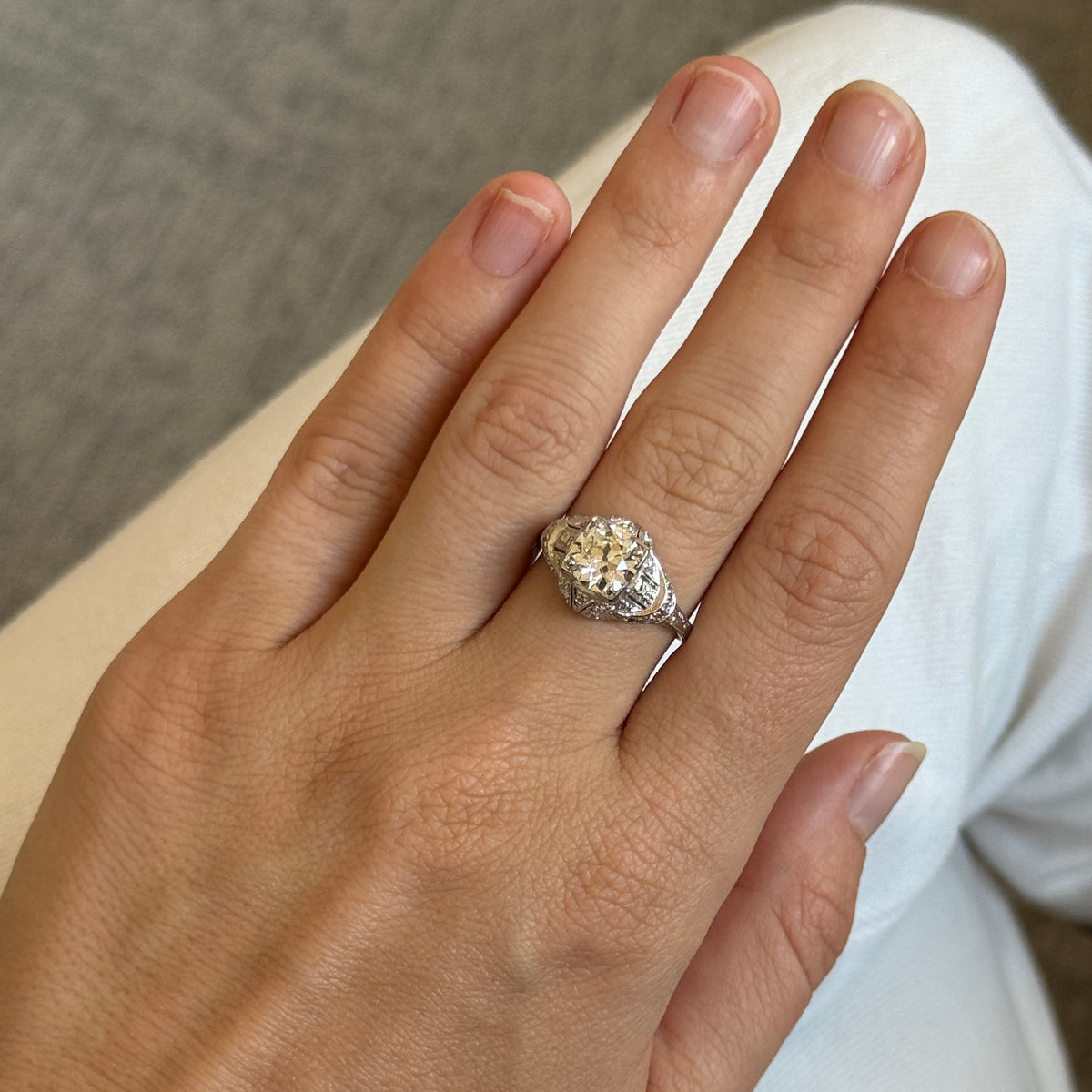 Art Deco Style 1.59ct Old European Cut Diamond Center Platinum Ring