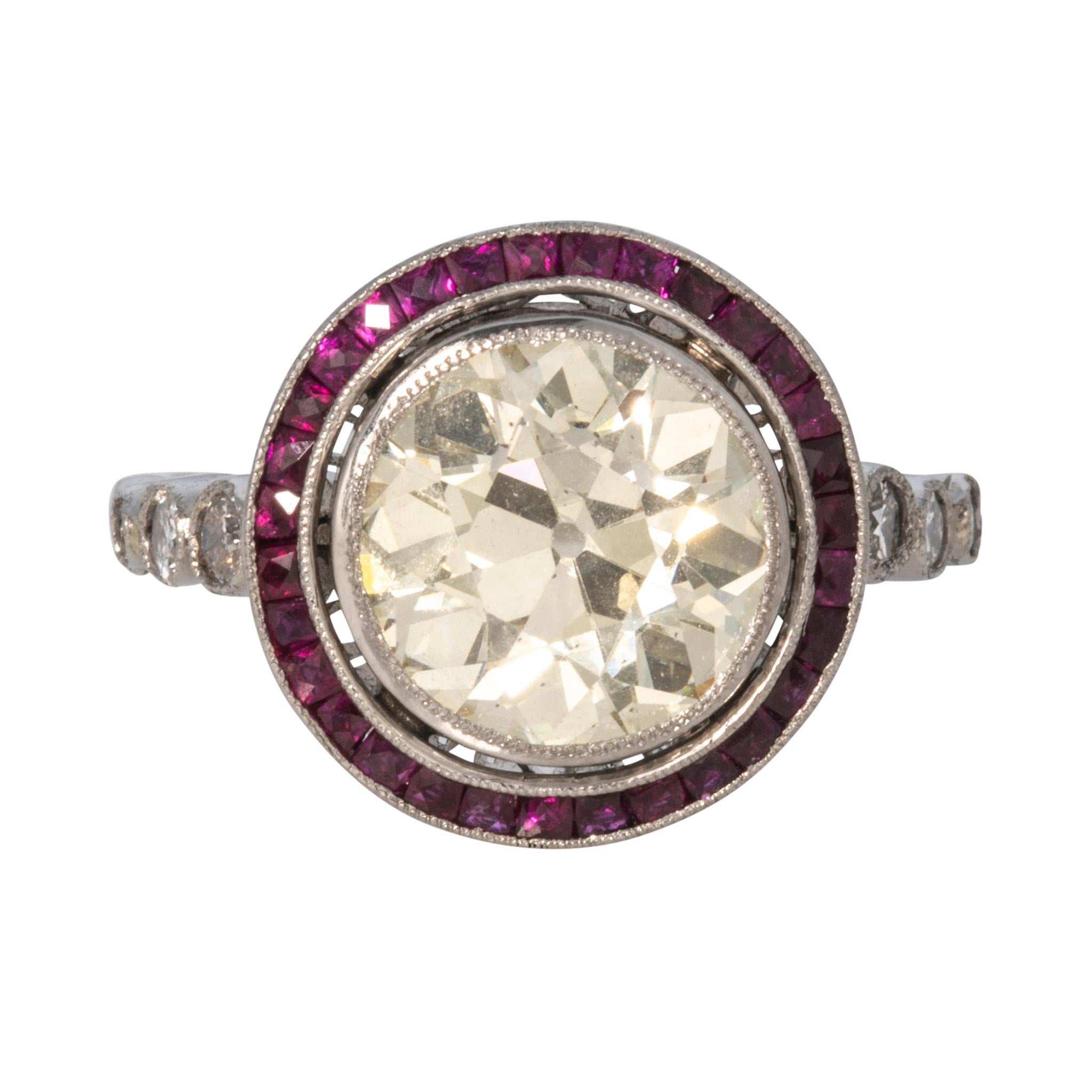 Art Deco Style 3.20ct Diamond Center & Ruby Halo Platinum Ring