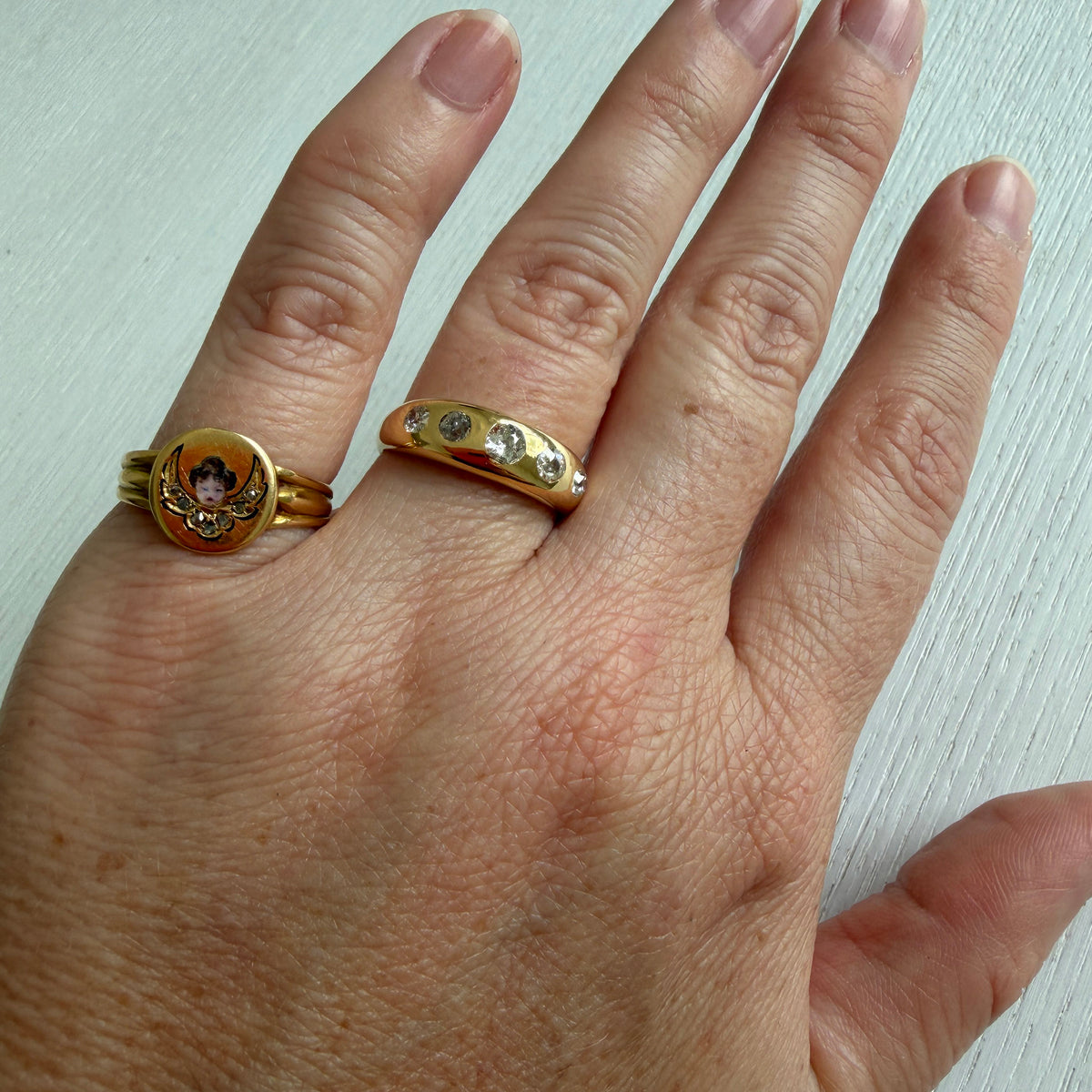 Victorian Style Enamel Cherub & Diamond 14K Gold Ring, Edwardian Diamond 5-Stone 18K Gold Gypsy Ring