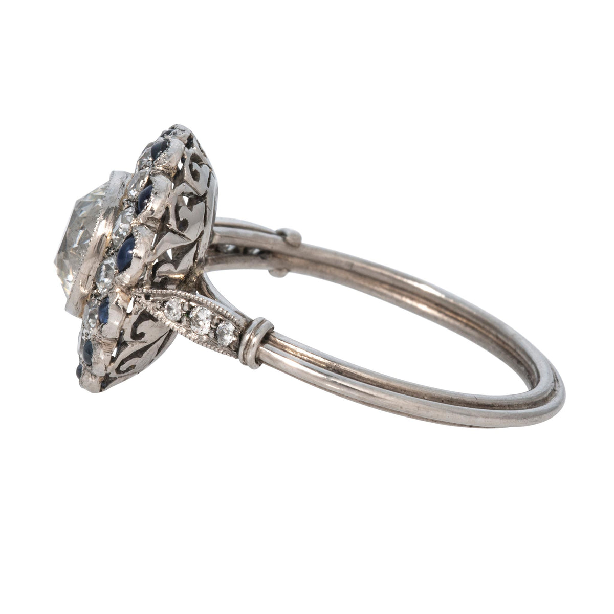 Art Deco Style 1.6ct Old European Diamond Center & Sapphire Platinum Ring