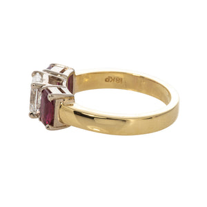 Estate Radiant Diamond & Ruby Three Stone 18K Gold Ring